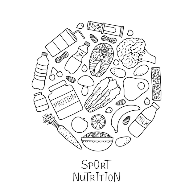 Vecteur des éléments de nutrition sportive dessinés à la main en forme de cercle aliments sains pour l'entraînement