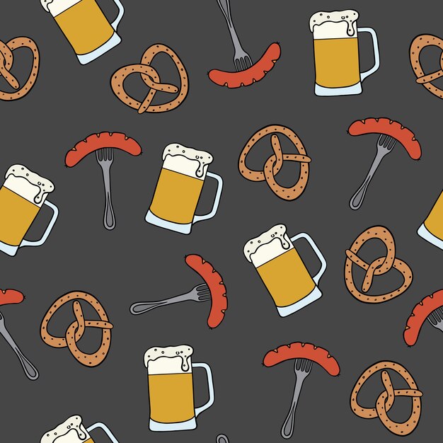 Vecteur Éléments de l'oktoberfest motif sans couture arrière-plan avec bière pretzel bière saucisse décoration bavaroise