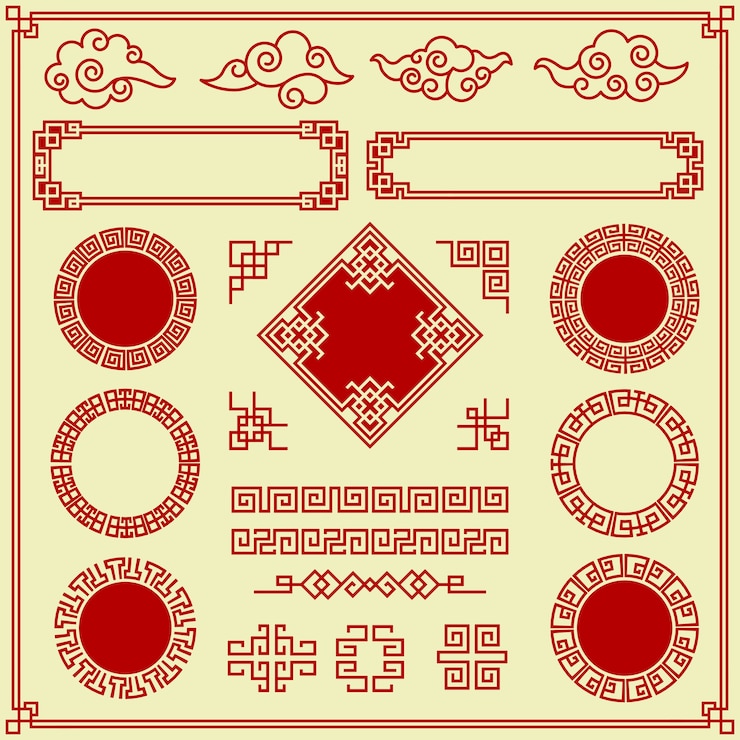 Vecteur éléments orientaux. nuages ornés cadres frontières diviseurs objets de décoration asiatique traditionnelle style vintage. décoration de cadre traditionnel oriental