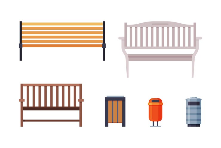 Vecteur éléments de parc urbain avec ensemble vectoriel de bancs et de poubelles