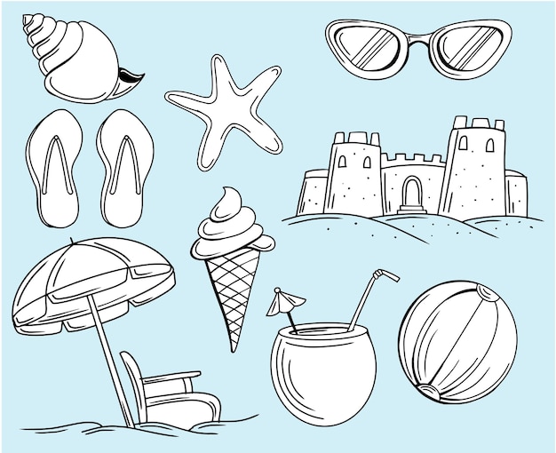 éléments de plage de vacances d'été vecteur dessiné à la main