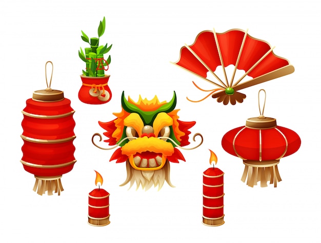 Éléments pour la bonne année traditionnelle chinoise avec des bougies allumées rouges de masque de dragon de lanterne