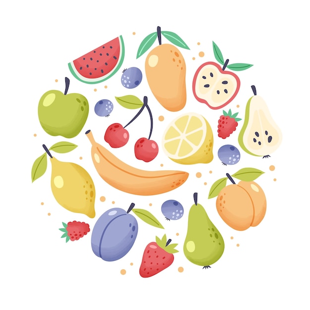 Éléments Saisonniers De La Collection De Fruits D'été En Forme Circulaire Doodle De Fruits Tropicaux Et De Jardin Frais