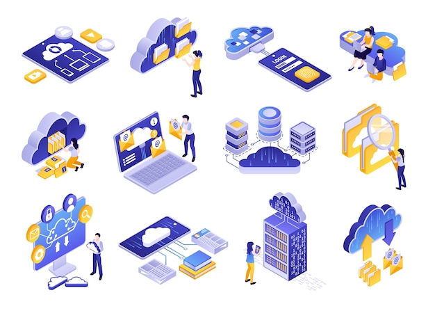 Éléments de services de cloud computing mis en style isométrique