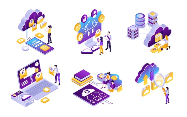 Éléments de services de cloud computing mis en style isométrique