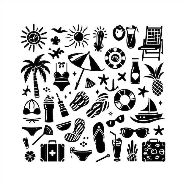 Les éléments de la silhouette d'été sont disposés en style plat. La silhouette de l'été de plage est un clip art vectoriel.