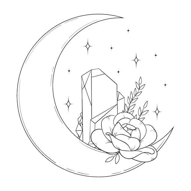 Vecteur Éléments de sorcellerie magique de dessin au trait vectoriel croissant de lune ésotérique cristal pivoine rose étoiles feuilles