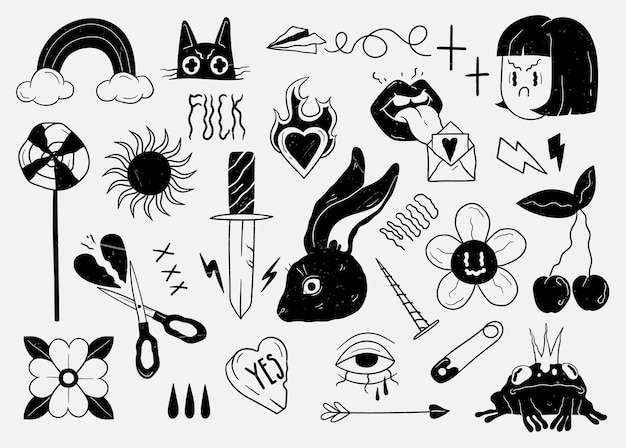 Éléments De Tatouage De La Vieille école Tatouages De Dessin Animé Dans Un Style Amusant Illustration Vectorielle