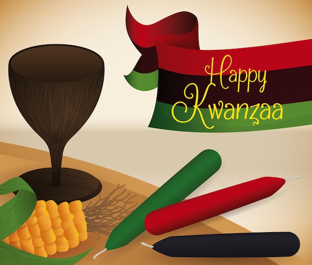 Éléments traditionnels de Kwanzaa sur tapis et ruban coloré