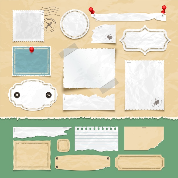 Éléments de vecteur de scrapbooking vintage. Vieux papiers, cadres photo et étiquettes. Illustration de carte vintage d'album et de papier