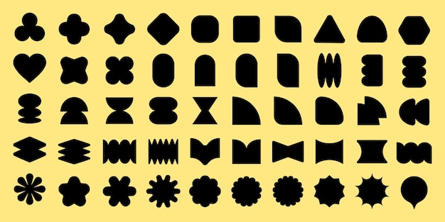 Éléments vectoriels Collection de formes noires abstraites sur un fond jaune Diverses formes géométriques Formes abstraites et dessins créatifs dans un motif unique Ensemble d'élements vectoriels de formes noirs