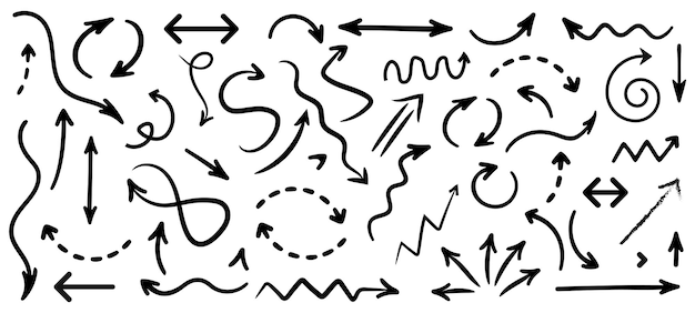 Éléments vectoriels de flèches dessinées à la main flèches coup de pinceau flèche bouclée