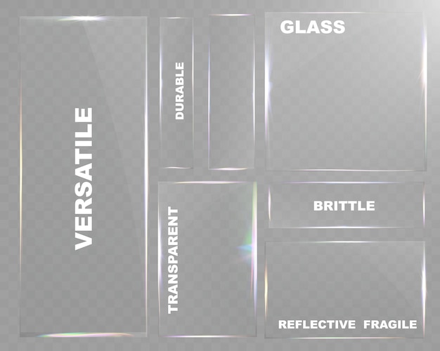 Éléments en verre transparent avec des reflets lumineux, des effets de transparence et des détails réalistes