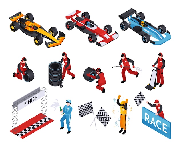 Éléments de voitures de F1 en vue isométrique