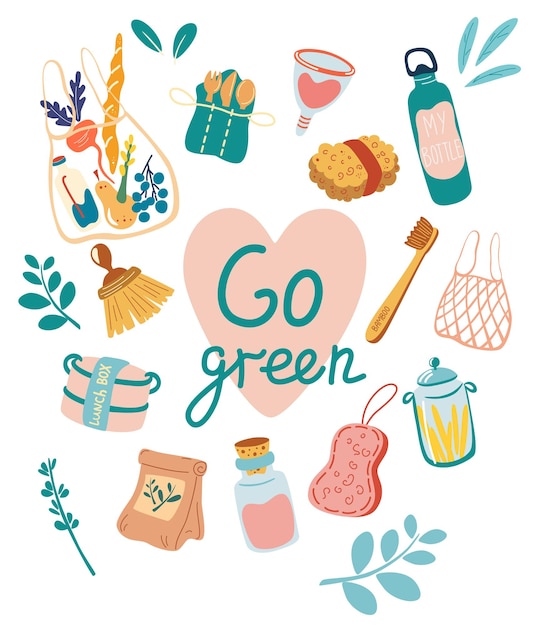 Éléments zéro déchet. Passez au concept vert. Pas de plastique. Vecteur de mode de vie écologique