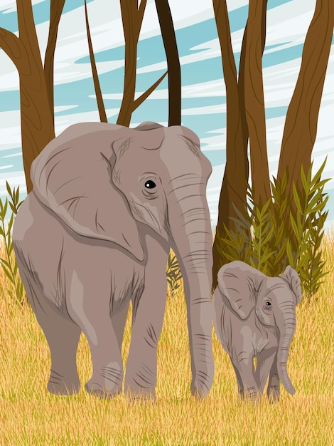 Vecteur l'éléphant d'afrique et son bébé éléphant se promènent dans les hautes herbes sèches de la savane africaine