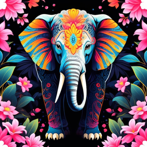Vecteur un éléphant coloré sur le fond de fleurs un élèphant colorés sur le fond des fleurs