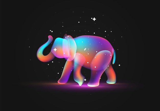 Vecteur Éléphant avec dégradé de couleur holographique d'hologramme. éléphant néon lumineux