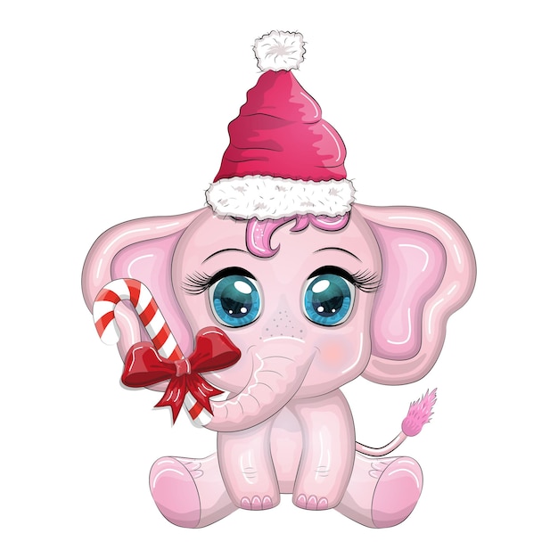 Vecteur elephant de dessin animé mignon personnage enfantin avec de beaux yeux portant un chapeau de père noël un foulard tenant un cadeau boule de noël