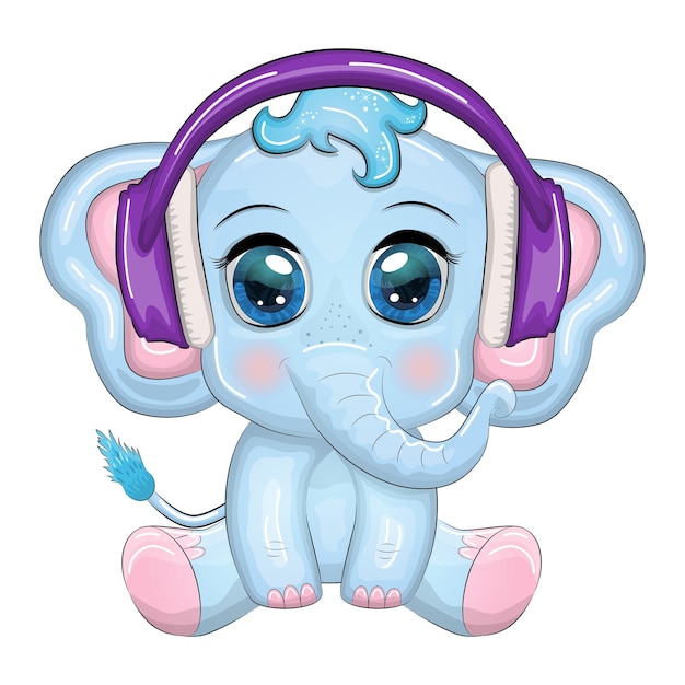 Vecteur elephant de dessin animé mignon personnage enfantin avec de beaux yeux portant des écouteurs amoureux de la musique écoutant de la musique