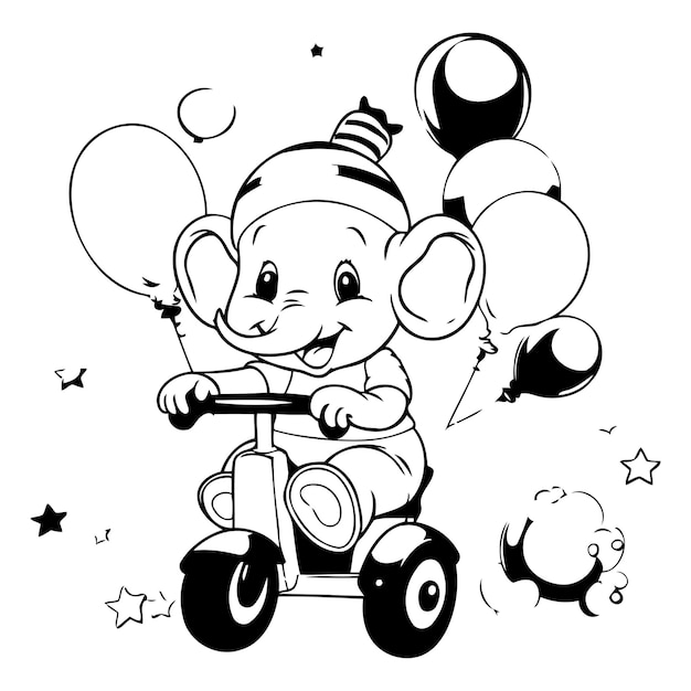 Vecteur elephant de dessin animé mignon sur une voiture jouet avec des ballons illustration vectorielle