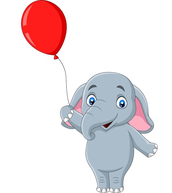 Éléphant en dessin animé tenant un ballon rouge