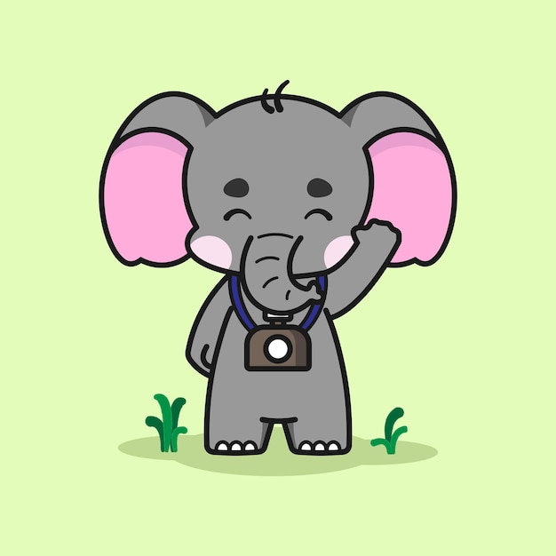 Vecteur Éléphant mignon avec un appareil photo agite sa main illustration de dessin animé mignon éléphant