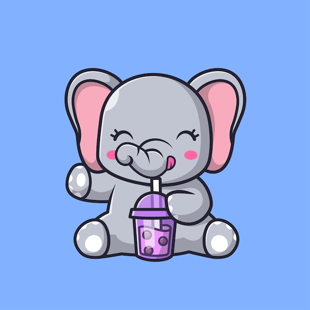 Éléphant Mignon Buvant Du Thé Au Lait Boba Cartoon Vector Icon Illustration. Icône De Boisson Animale Isolée