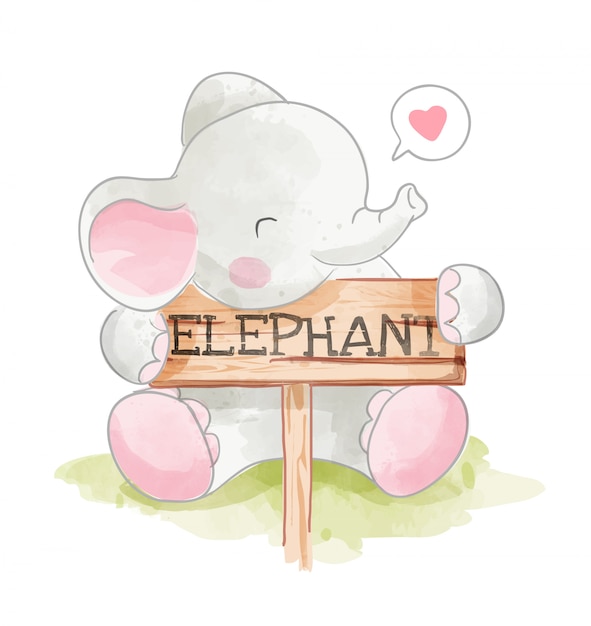 Éléphant Mignon Hoding Elephant Bois Signe Illustration