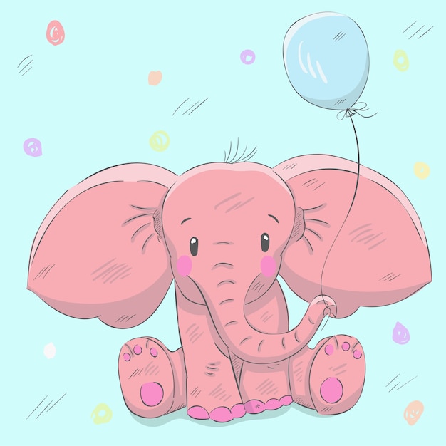 Éléphant Mignon Avec Une Illustration De Vecteur Dessinés à La Main Fleur Dessin Animé