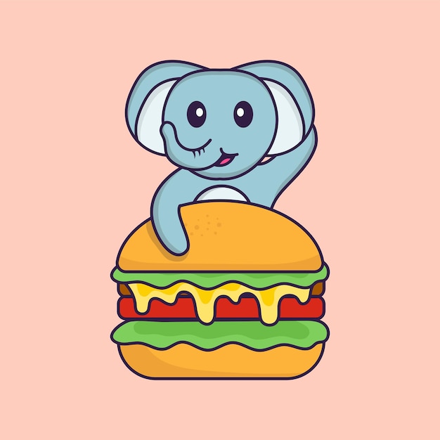 Éléphant mignon mangeant un hamburger Concept de dessin animé animal isolé