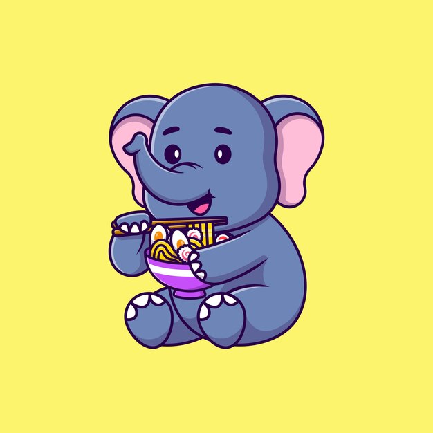 Éléphant Mignon Manger Ramen Nouilles Dessin Animé Icônes Vectorielles Illustration