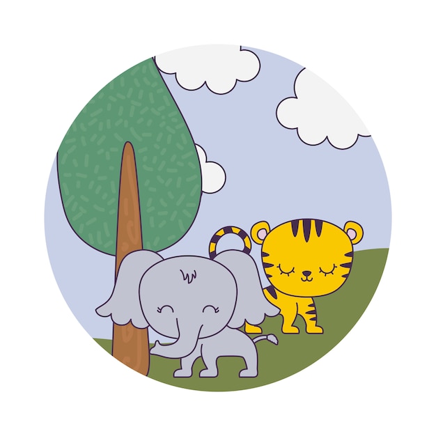 Éléphant Mignon Avec Tigre Dans Le Paysage