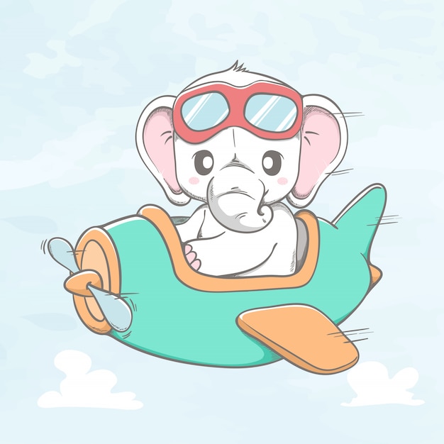 Éléphant mignon volant un avion dessiné à la main