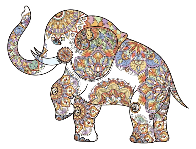 Vecteur Éléphant avec ornement de mandala animal de livre de coloriage zentangle asiatique