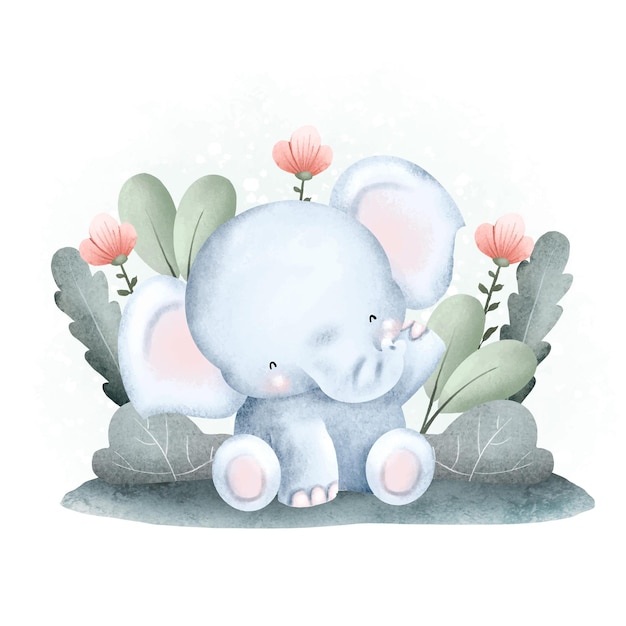 Éléphant et plantes mignons à l'aquarelle