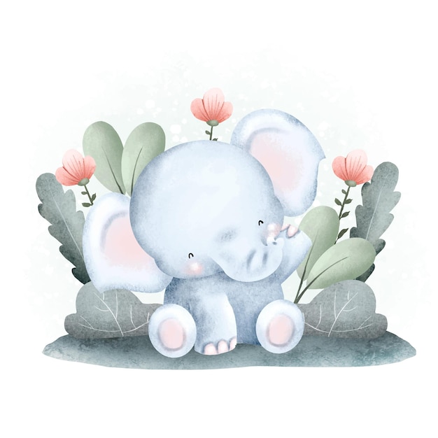 Éléphant Et Plantes Mignons à L'aquarelle