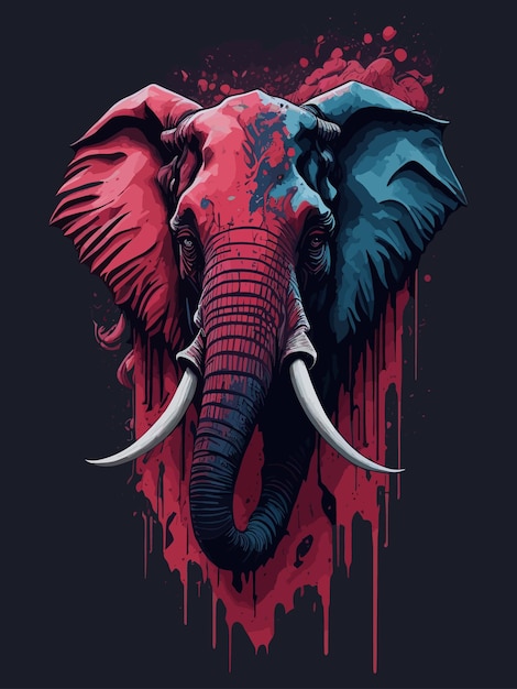 Un éléphant rouge et bleu avec une défense rouge.