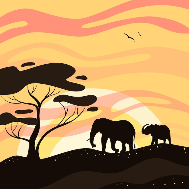 Vecteur des éléphants au coucher du soleil silhouette d'un éléphant sur le fond du coucher du soleil dans la savane africaine