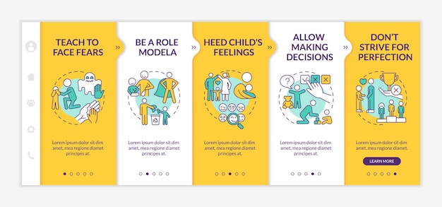 Vecteur Élever des conseils sur le modèle vectoriel d'intégration jaune. site web mobile réactif avec des icônes. écrans de présentation de page web en 5 étapes. concept de couleur de santé mentale de l'enfant avec des illustrations linéaires