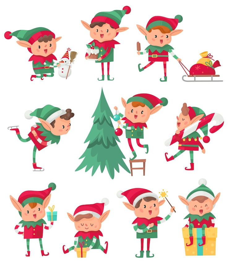 Vecteur elfe de noël. aides fantastiques mignons du père noël, elfes adorables avec des cadeaux et des décorations de vacances, nain heureux avec la veille de noël et collection de personnages isolés de vecteur de dessin animé de bonhomme de neige