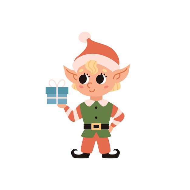 Vecteur elfe de noël tient un petit cadeau avec un arc assistant du père noël joli personnage vectoriel elfe festif