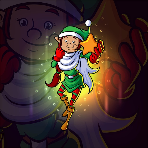 Vecteur l'elfe santa girl détient la conception de mascotte esport étoile brillante de l'illustration