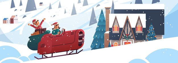 Elfes Conduisant Une Voiture De Traîneau Avec Des Cadeaux Joyeux Noël Bonne Année Vacances D'hiver Célébration Concept Paysage D'hiver Fond Carte De Voeux Horizontale Pleine Longueur Illustration Vectorielle