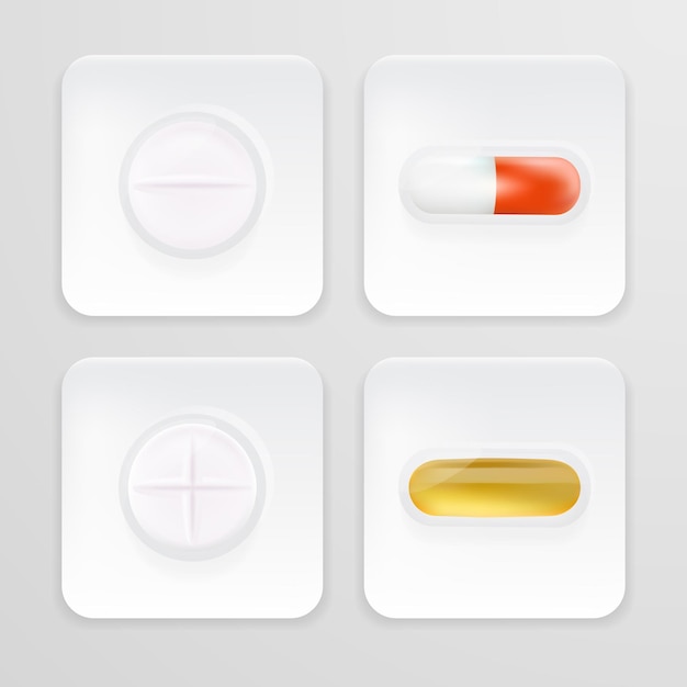 Emballage 3d Pour Médicaments Analgésiques Antibiotiques Vitamines Et Comprimés D'aspirine Ensemble D'icônes Réalistes De Cloques Blanches Avec Des Pilules Et Des Capsules Isolées Sur Une Illustration Vectorielle De Fond