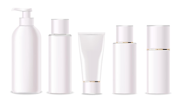 Vecteur emballage réaliste pour ensemble de cosmétiques pour le corps collection de bouteilles en plastique blanc