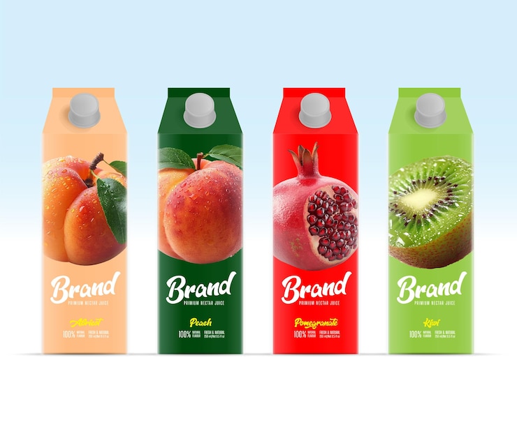 Vecteur des emballages de jus vibrants avec logo et étiquette