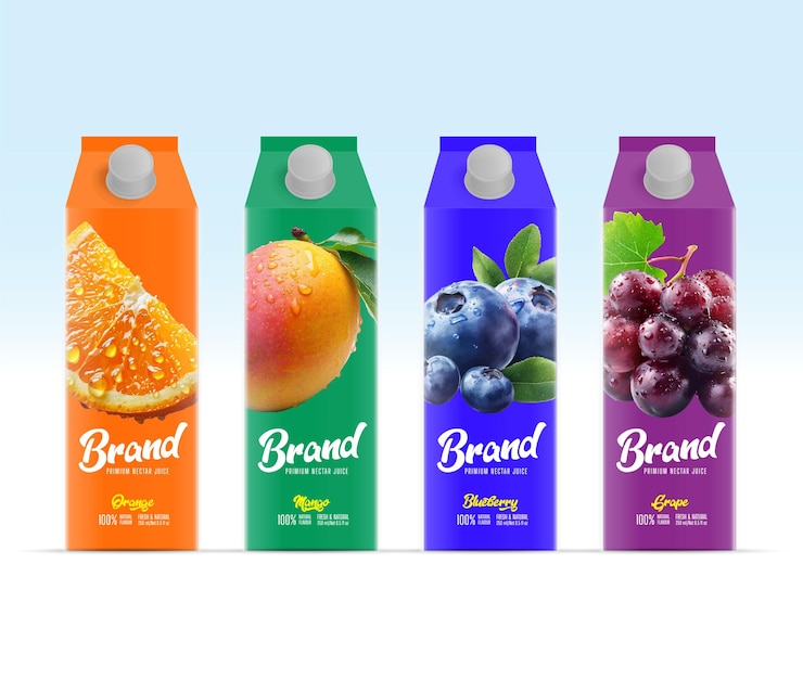 Vecteur des emballages de jus vibrants avec logo et étiquette