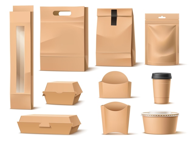 Emballages En Papier Alimentaire à Emporter Conteneurs De Restauration Rapide Réalistes Pack De Livraison Boîtes En Carton 3d Vierges Maquette De Sacs Ou De Tasses Sachet Ziplock Emballage De Repas Tasse à Café Ensemble De Paquets Vectoriels