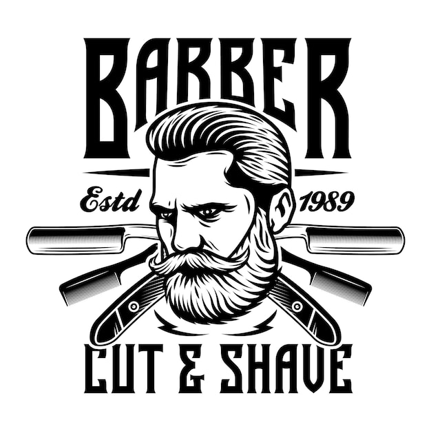 Emblème De Barbier Homme Barbe Avec Des Lames De Rasoir Et Un Peigne